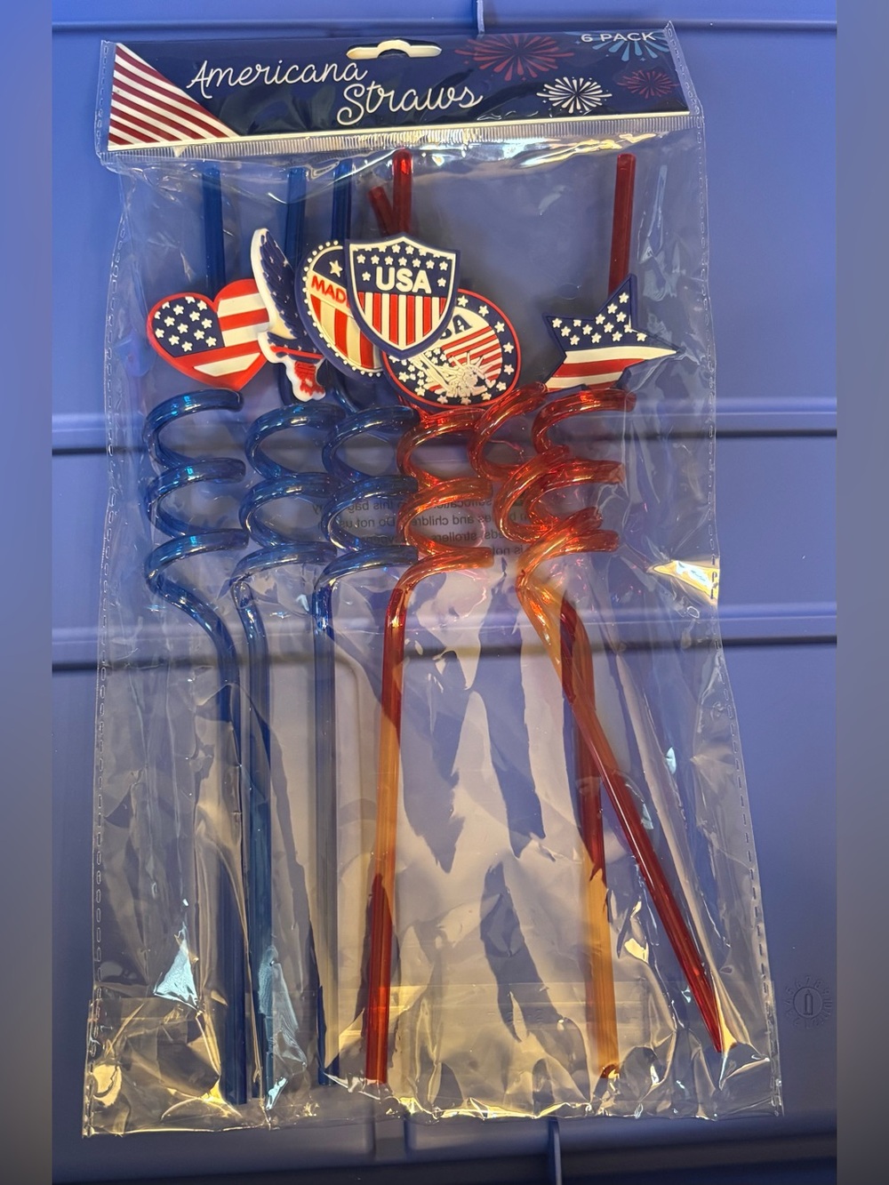 New Americana Straws Patriotic Spiral Drink Straws - Red & Blue USA Flags 6 pc